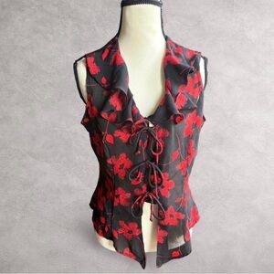 Floral Tie Front Sheer Top - Red and Black